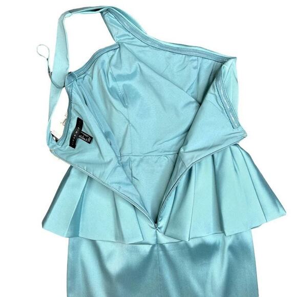 Aidan Mattox One-Shoulder Peplum Cocktail Midi Dress Aquamarine Blue Size 0 - Picture 12 of 15
